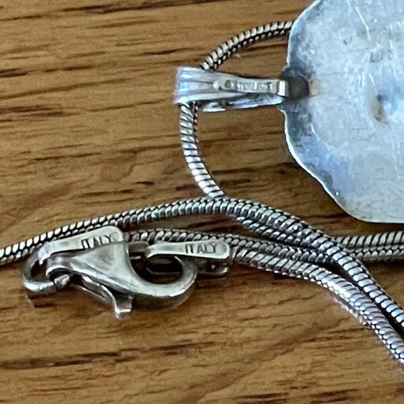 925 Sterling Silver Italy Chain Vintage Scroll Style Green Cabochon Pendant - Picture 7 of 7